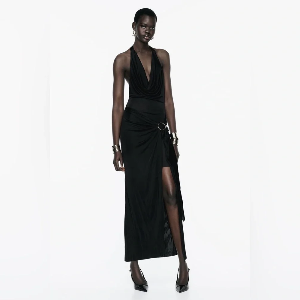 ZARA BUCKLED MIDI HALTER DRESS - Picture 1 of 3